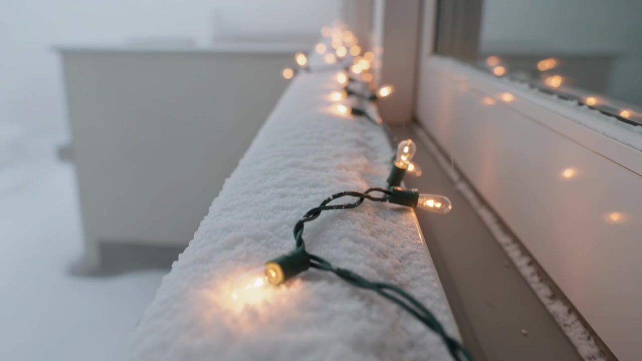 Shifting camera showing green-corded lights glowing on snowy railing, revealing window reflections