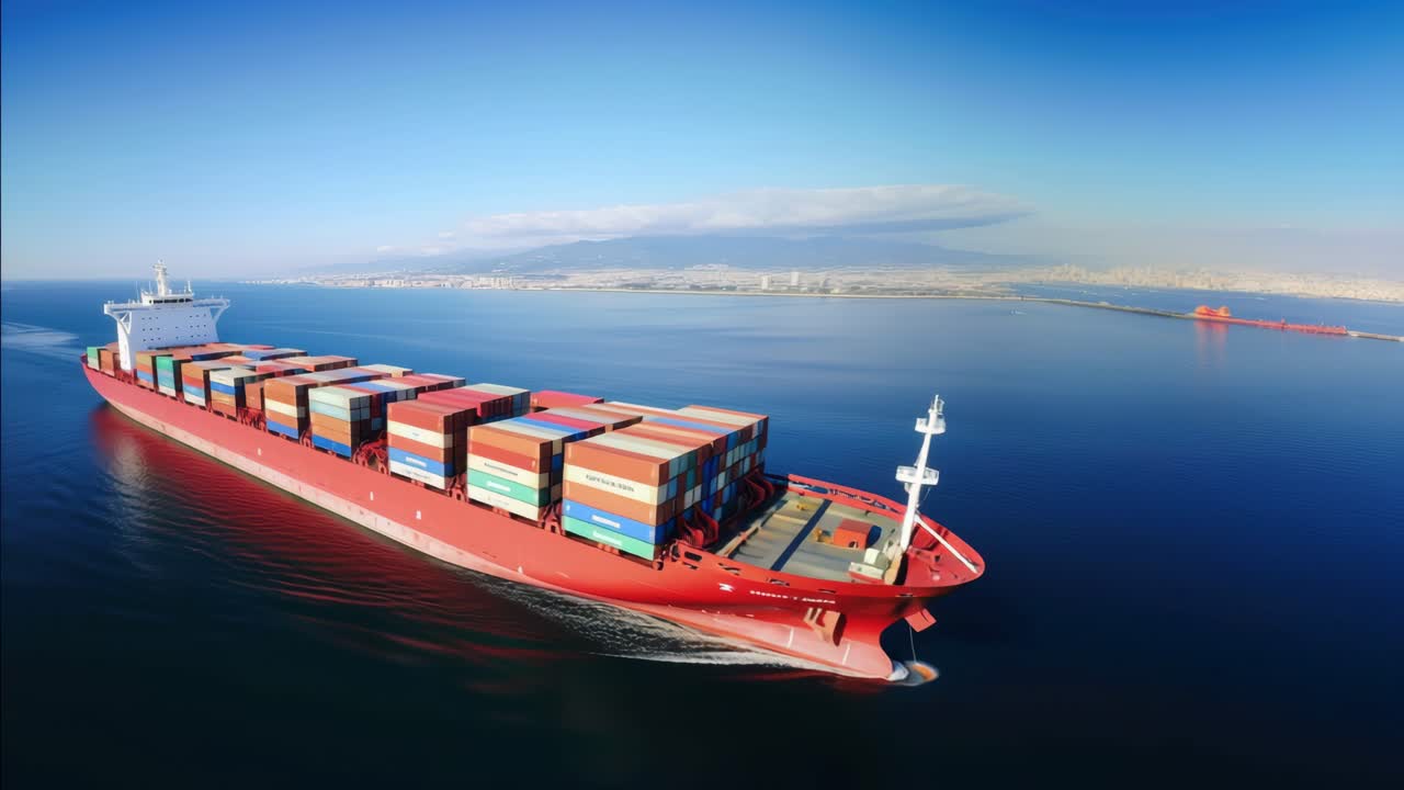 Aerial view of a cargo ship sailing through calm blue waters, showcasing global trade