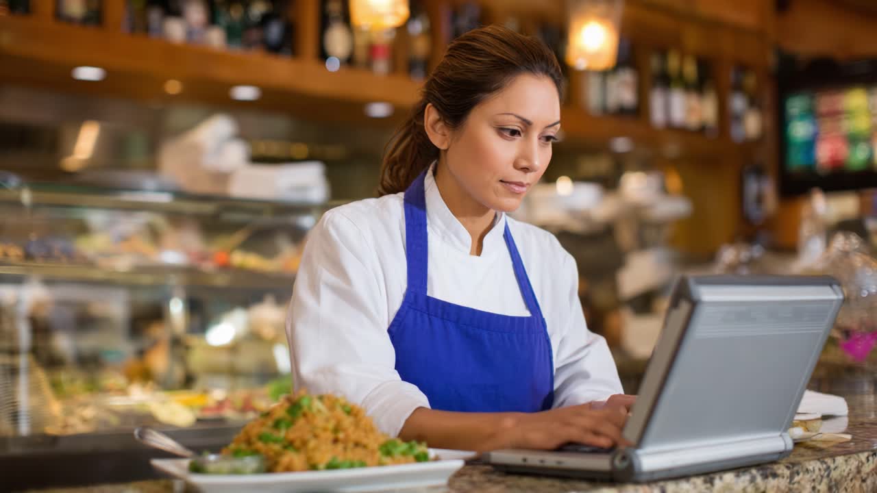 Focused chef engaging with technology in a bustling restaurant, blending culinary expertise with digital management while preparing gourmet dishes in a vibrant kitchen