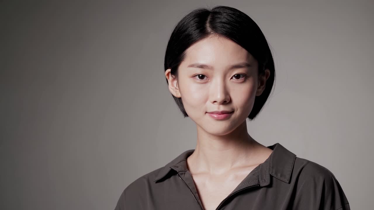Confident woman with short black hair smiles warmly, showcasing a series of engaging expressions in a minimalist studio setting, highlighting her vibrant personality