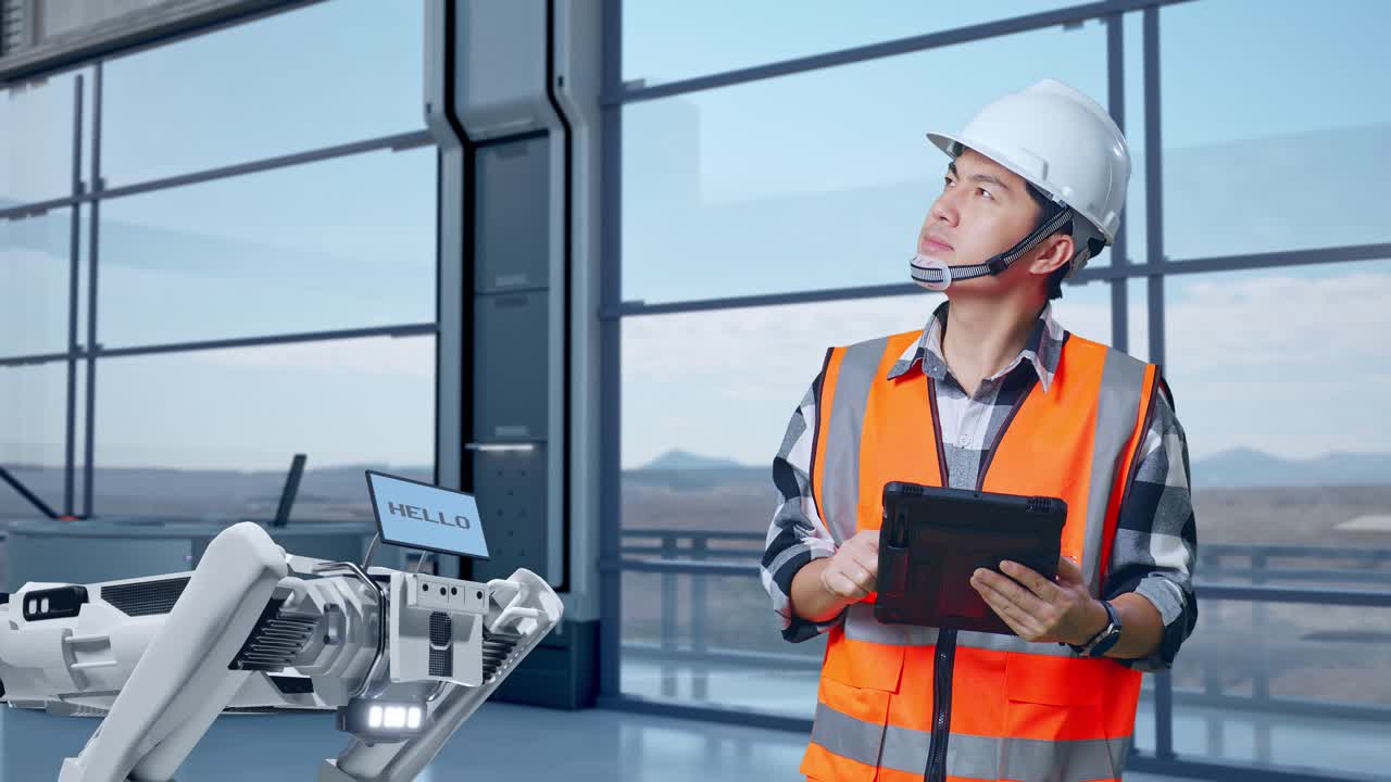 ingeniero asiático con casco de seguridad mirando la tableta en su mano y mirando a su alrededor mientras está de pie en una fábrica de alta tecnología, analizando el concepto de máquina robótica
