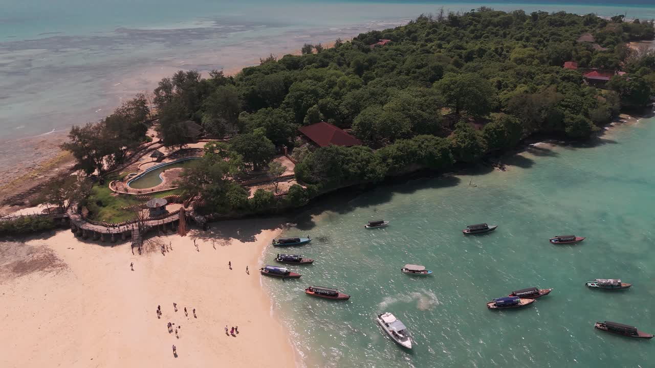 Beautiful aerial view of Changuu Island (Prison Island), Zanzibar with turquoise waters and boats