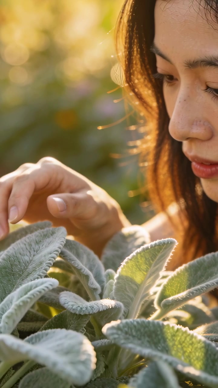 Video verticale: Dito che si allunga, donna che accarezza e controlla morbide foglie di salvia in giardino, con spazio per il testo