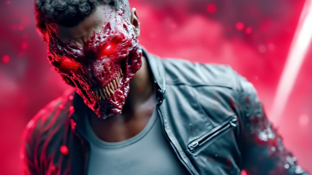 A man in a leather jacket with a red mask on his face