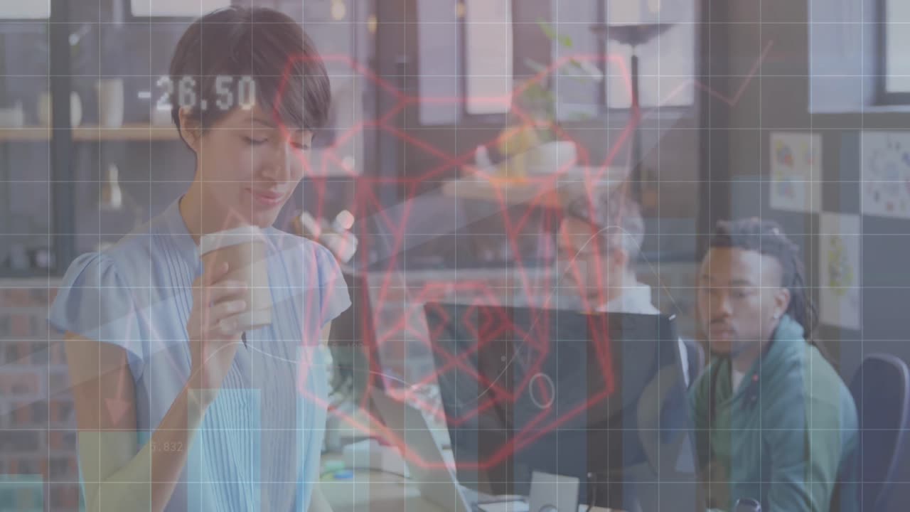 그래프, 숫자, 동물, 다양한 여성 커피를 마시고, 컴퓨터에서 일하는 동료