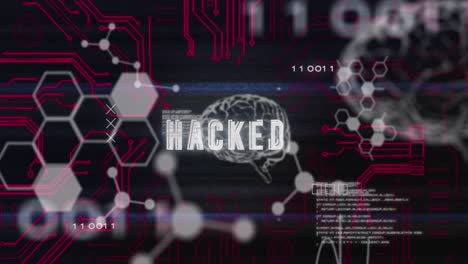 Hacked text and microprocessor connections against medical data processing on black background