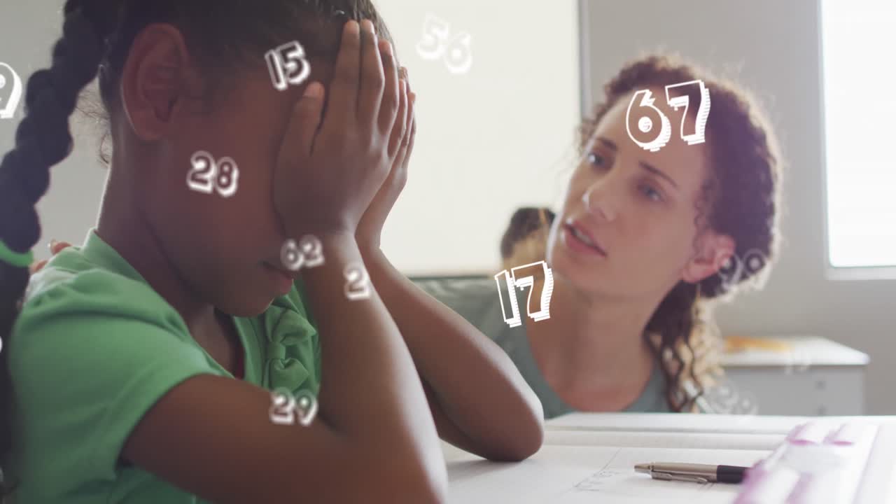 Animazione con elaborazione dati sovrapposta a un'insegnante donna multietnica che conforta una scolaretta triste in classe.