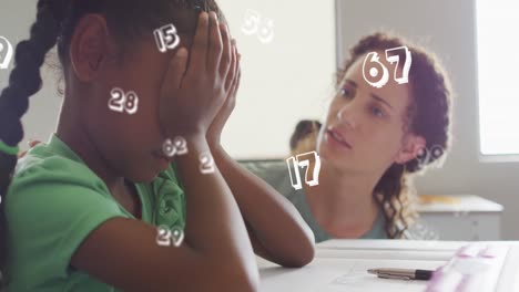 animation of data processing over diverse female teacher comforting sad schoolgirl in class