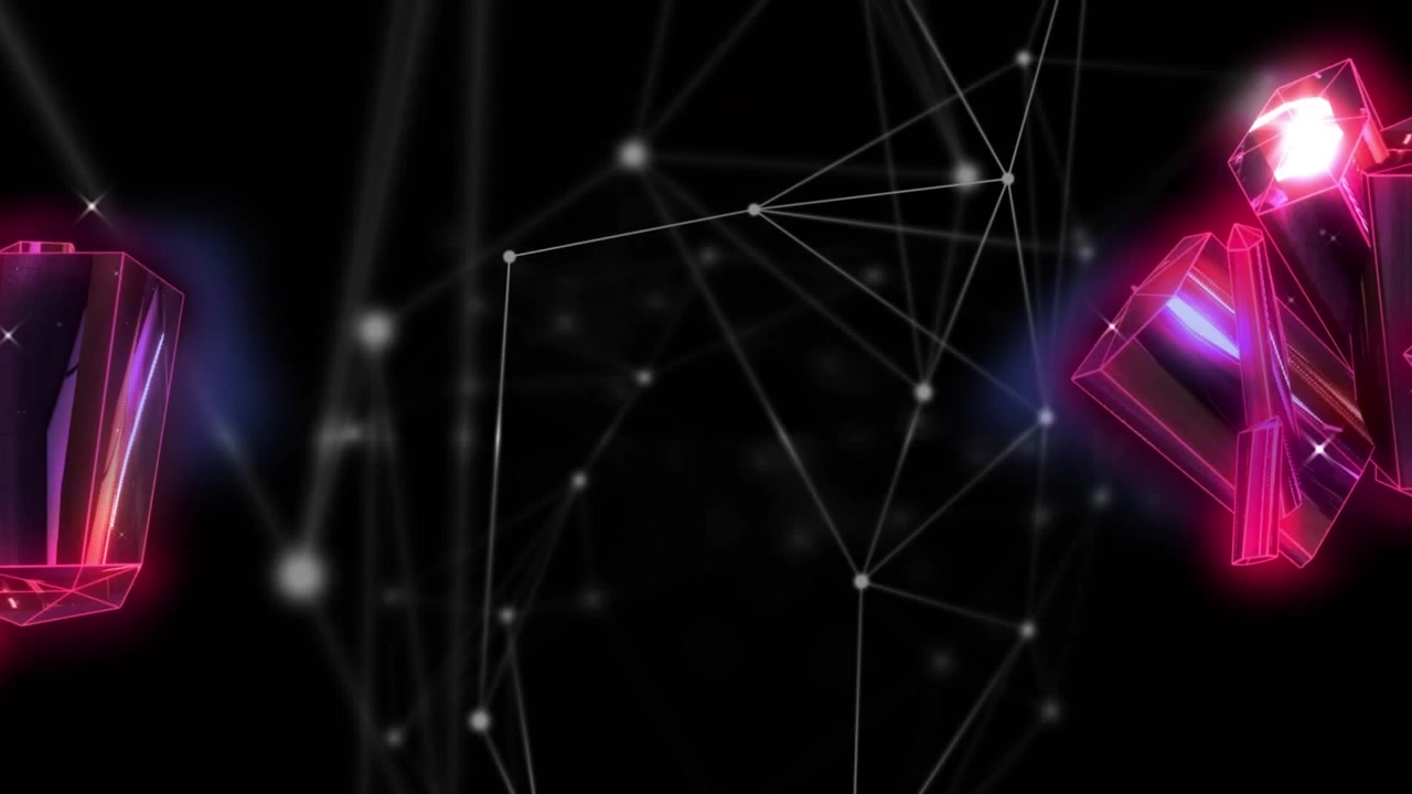 Animación de una red de conexiones con iconos sobre círculos brillantes.