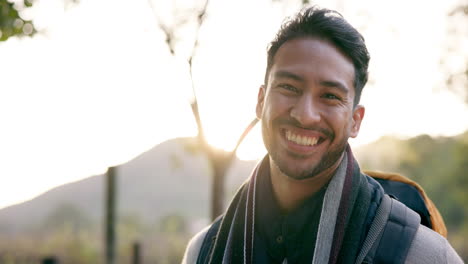 Happy-asian-man,-backpack-and-hiking-adventure