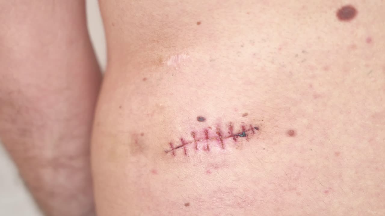 Close-up of a stitched wound on the skin in the early stages of healing