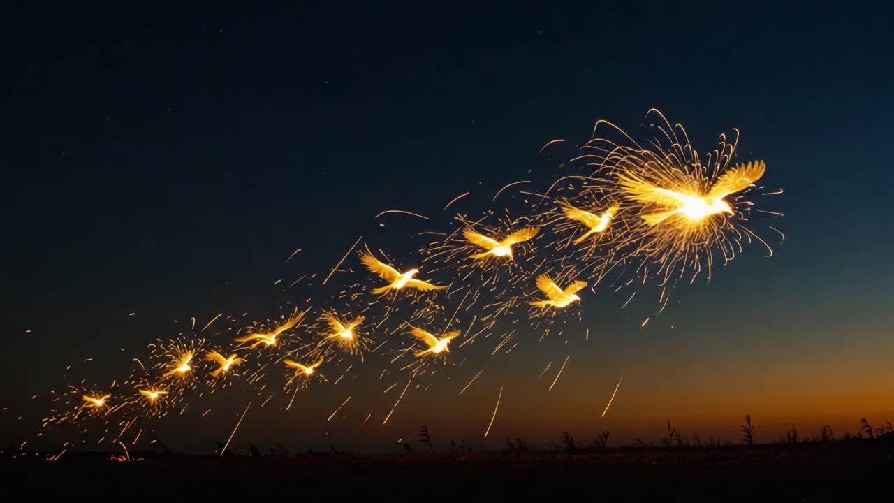 Captivating Scene of Gliding Birds in Motion Illuminated by Sparkling Light Trails at Dusk Surrounded by a Tranquil Landscape