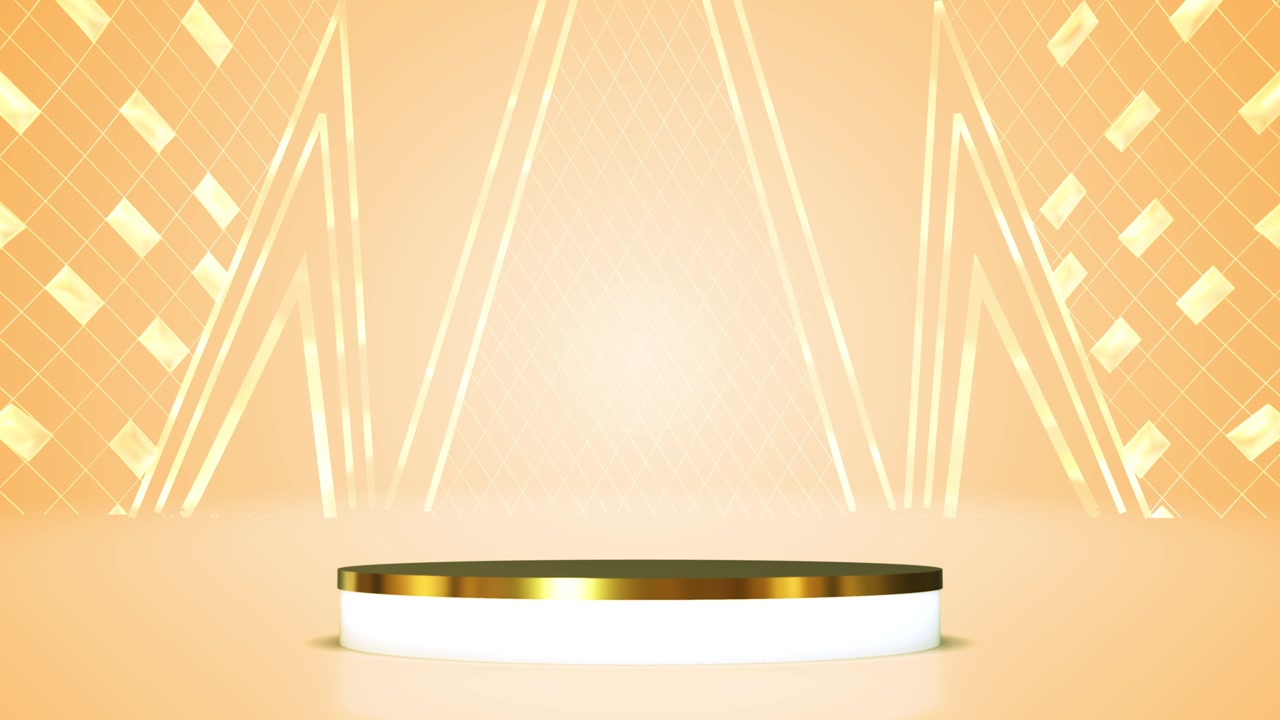 Palco podio di lusso dorato, luci color crema, accenti geometrici, bagliore delicato, elegante piattaforma espositiva per premi