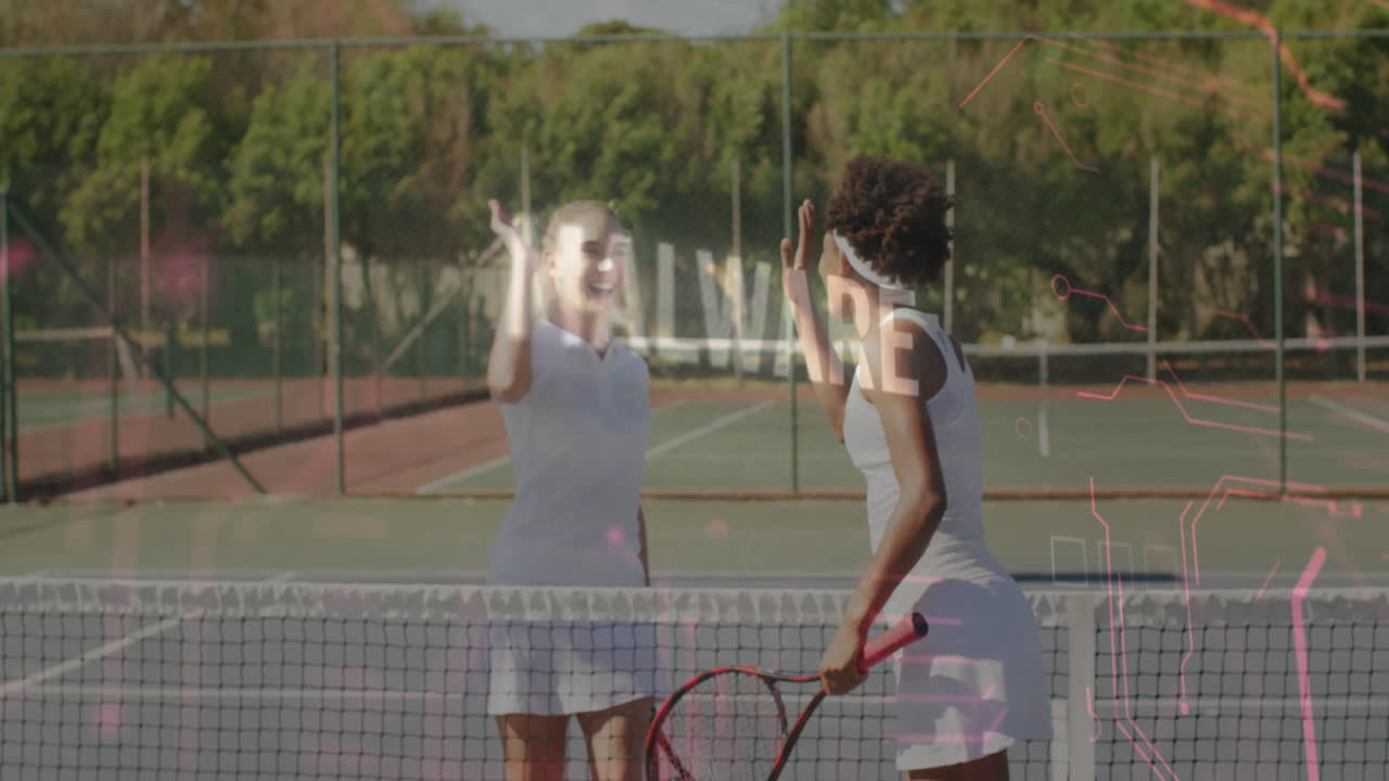 Two women high-fiving on tennis court, with animated health graph and floating performance stats
