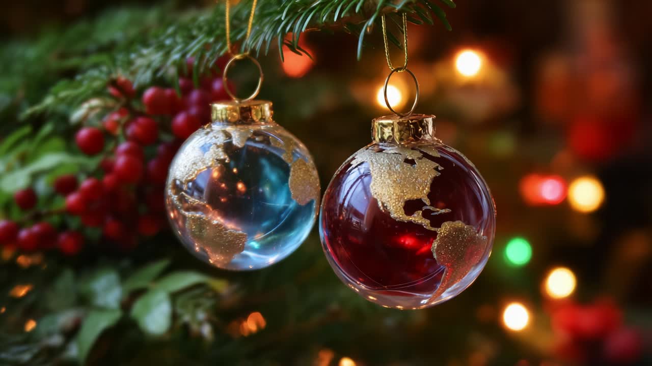 Beautifully Crafted Christmas Ornaments Featuring Earth Globes Depicting the World in Stunning Detail, Hanging Elegantly from a Festive Green Pine Tree Amidst Soft, Blurred Holiday Lights