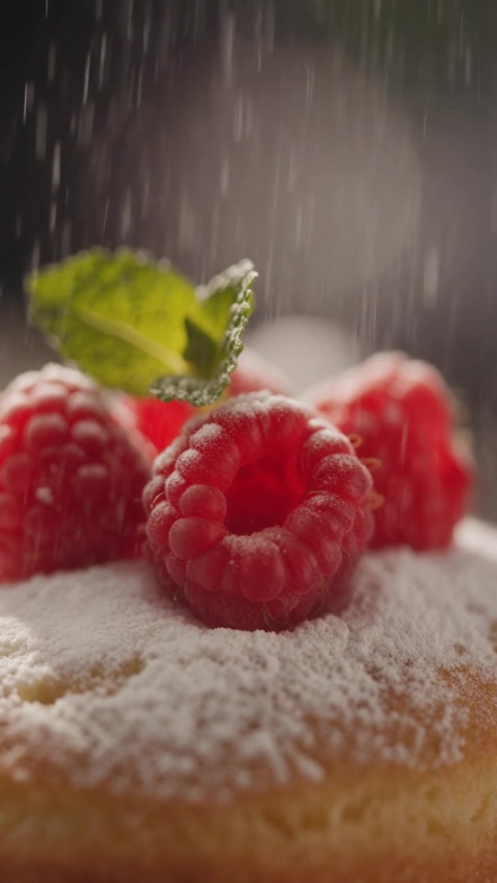 Powdered Sugar Falling on Fresh Raspberries and Pastry