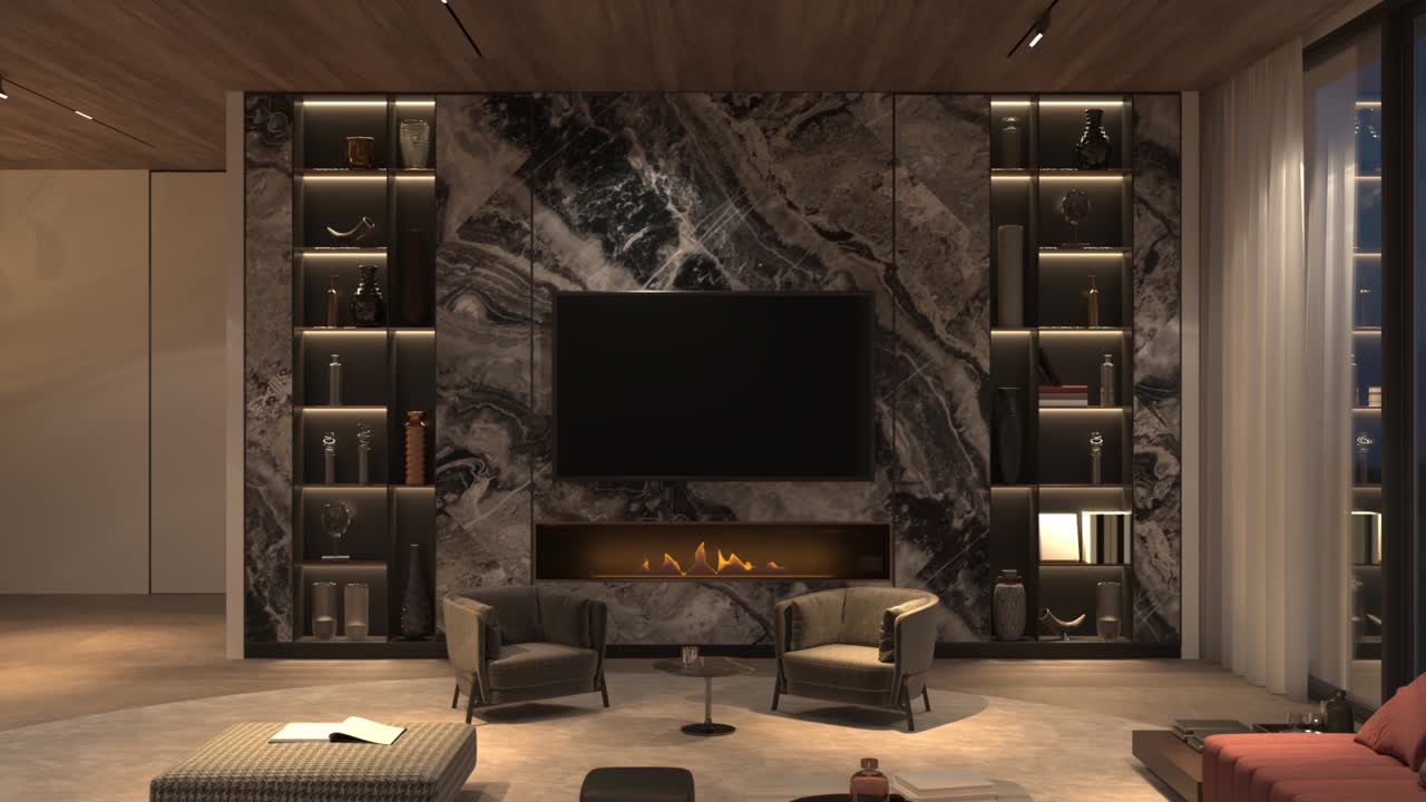 video de ilustración de renderización 4k 3d. moderno diseño de interiores de lujo sala de estar con chimenea, iluminación nocturna y techo de madera. modelo de libro, televisión.