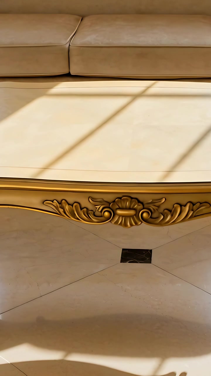 Video verticale: Il sole si sposta su un tavolo intagliato e un divano, muovendo l'ombra della finestra su una griglia di ventilazione piastrellata a casa.