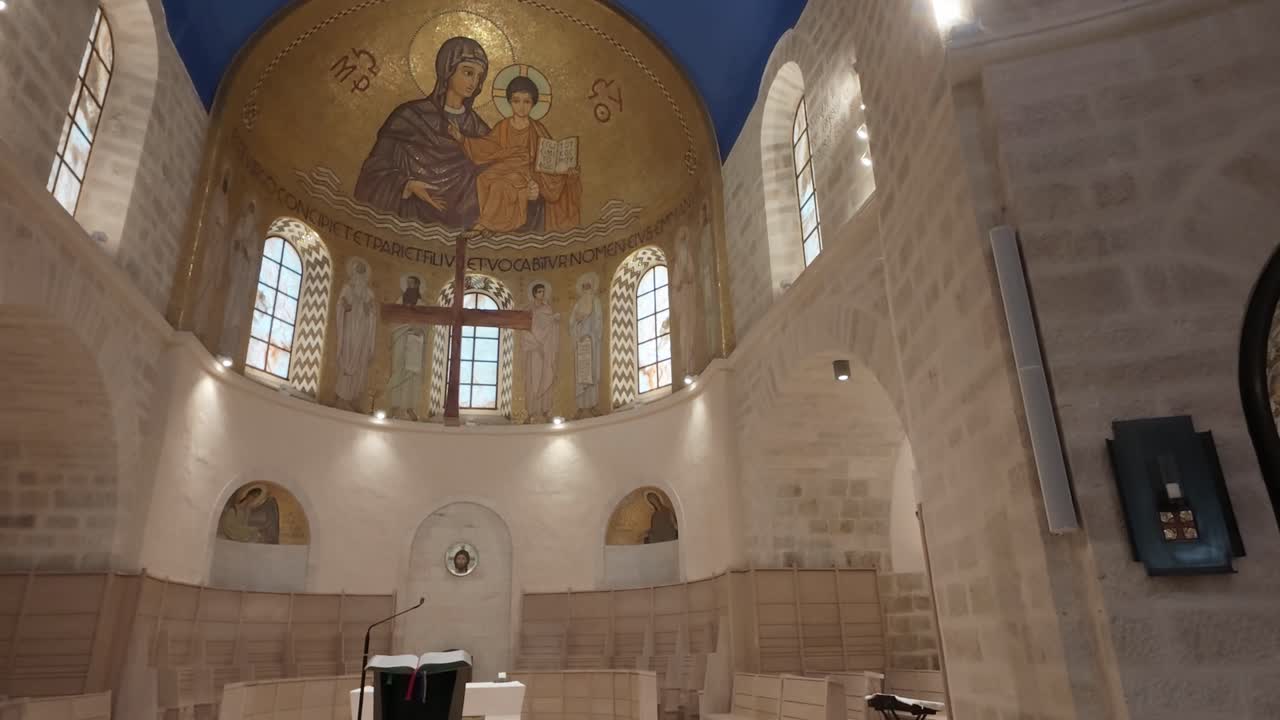 Interior view of Dormition Abbey in Jerusalem, a significant Christian site. Slow motion.