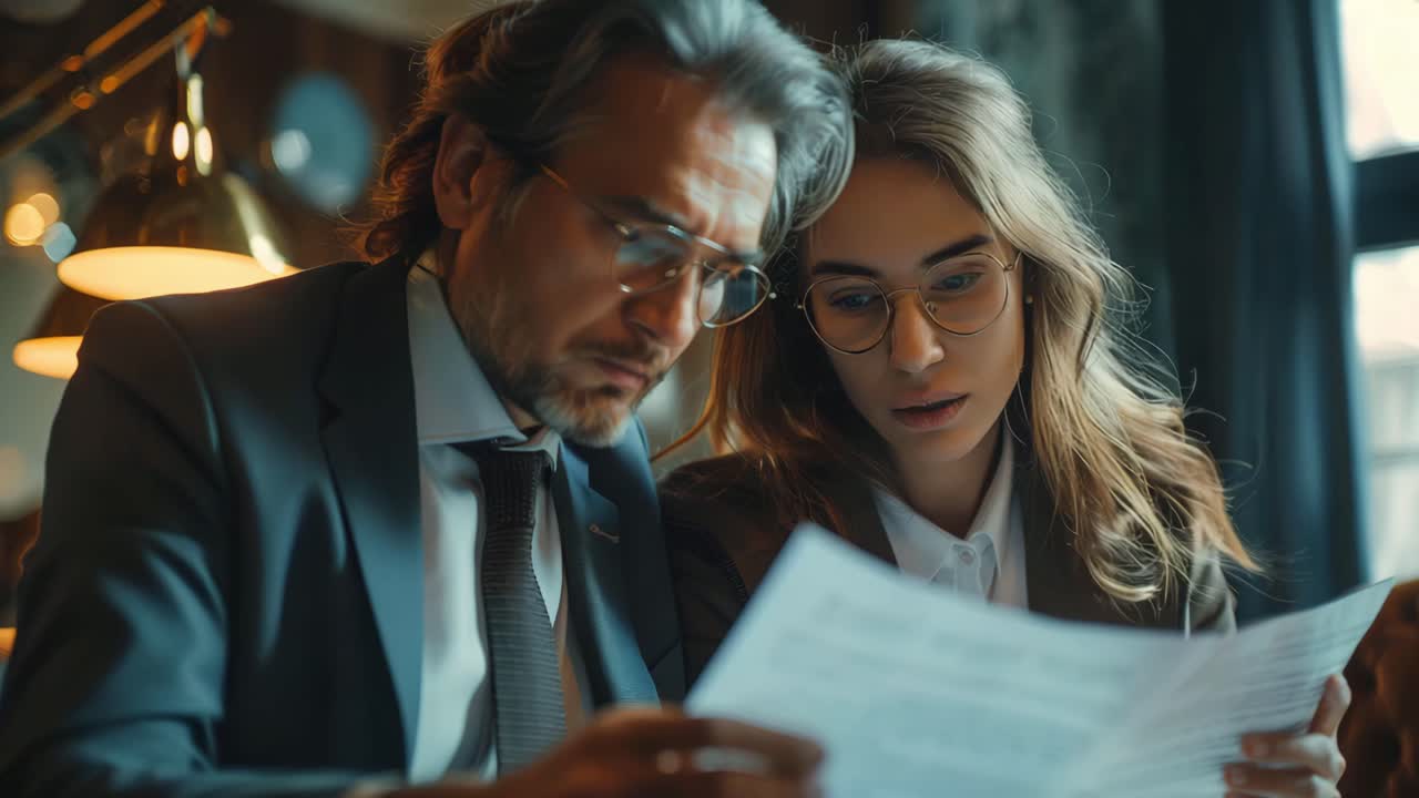 Business professionals collaborating on documents during a meeting