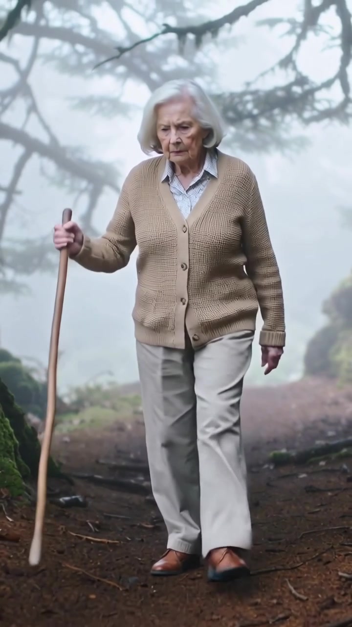 Video verticale: Inizia con una donna anziana in cardigan beige che usa un bastone su un sentiero nebbioso, evitando le radici.