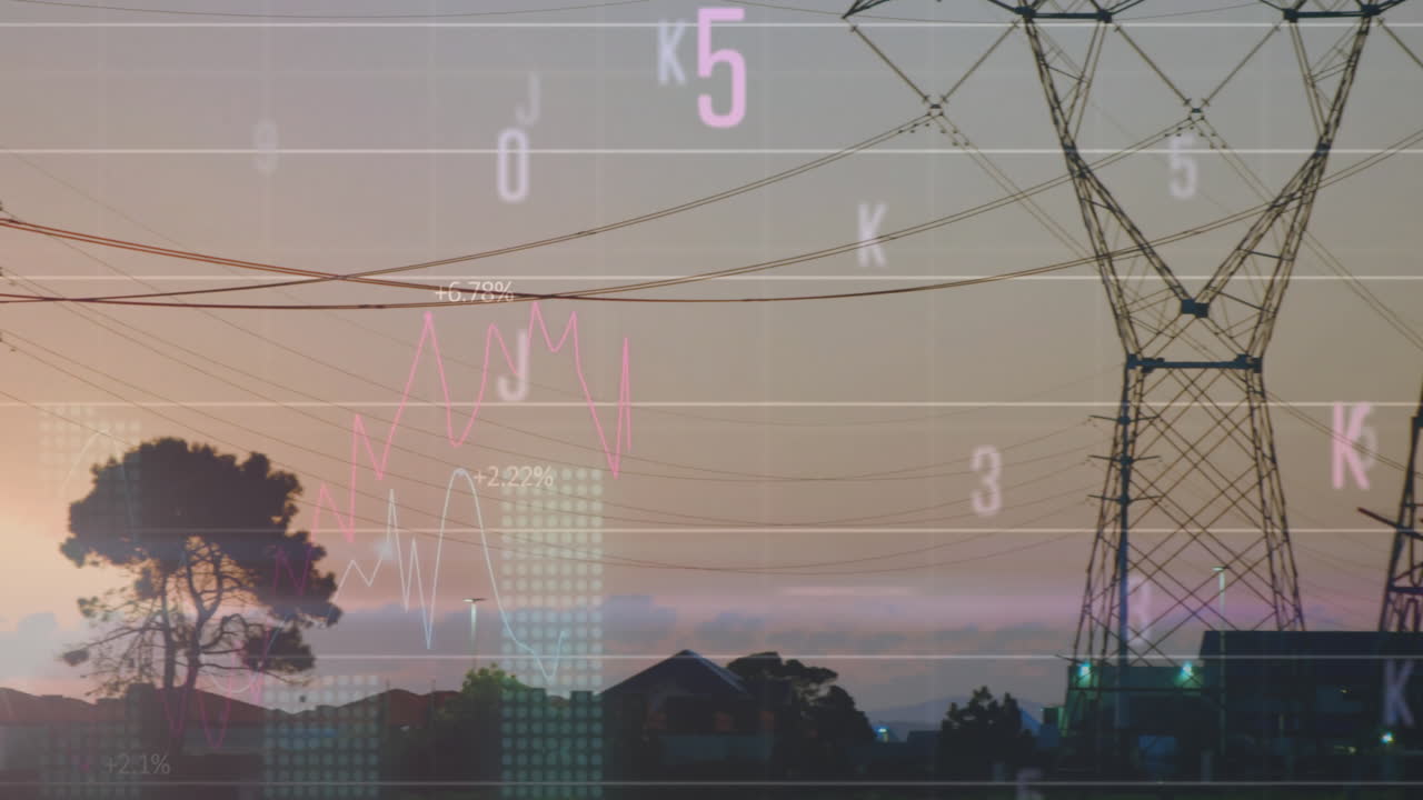 Animation of financial data processing and letters over electricity pylons on field