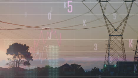 animación del procesamiento de datos financieros y cartas sobre pilares de electricidad en el campo