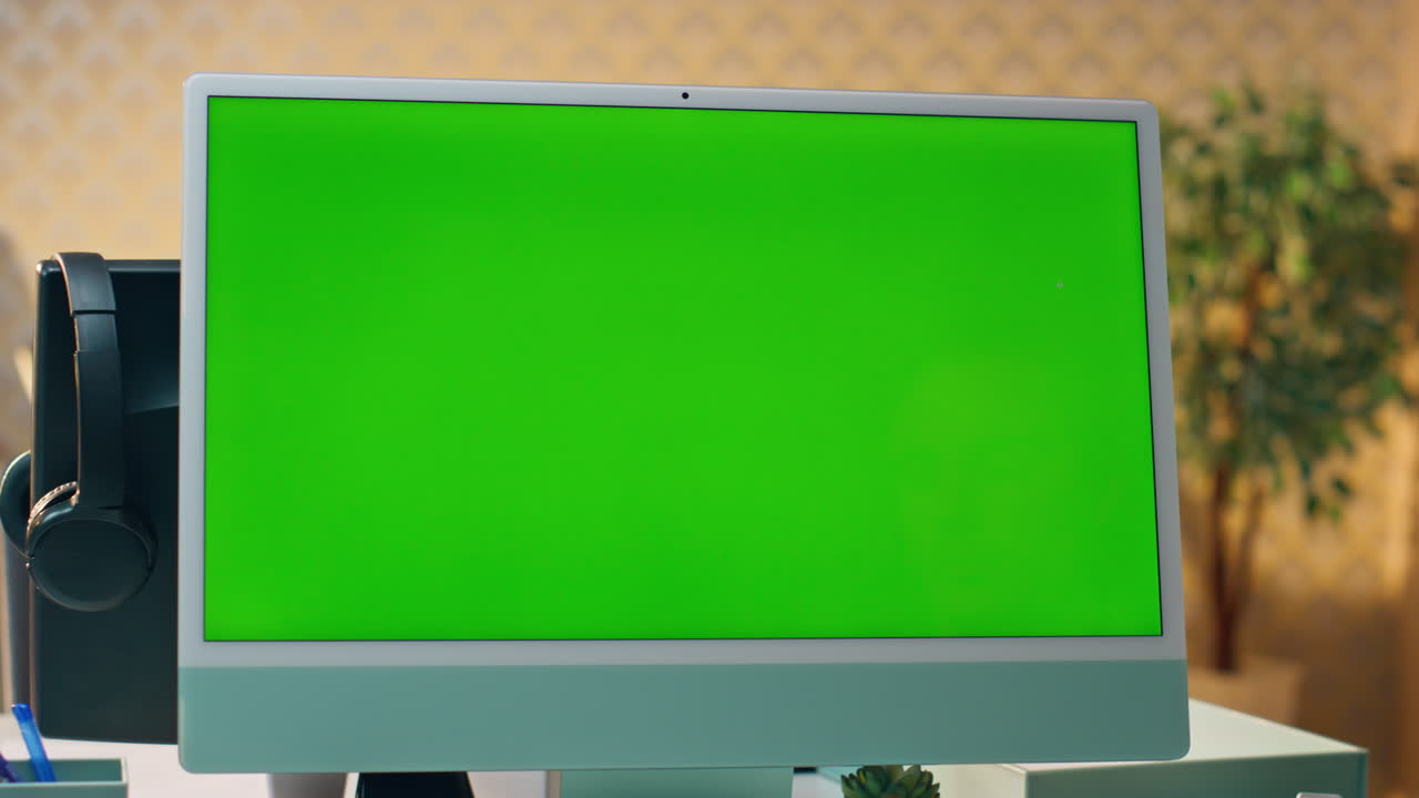 사무실의 그린스크린 컴퓨터. 사업가가 모 모니터를 쳐다보고