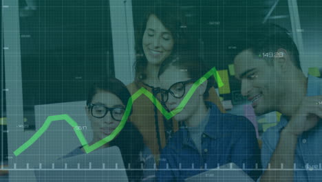 financial data graph animation over diverse business team collaborating on project