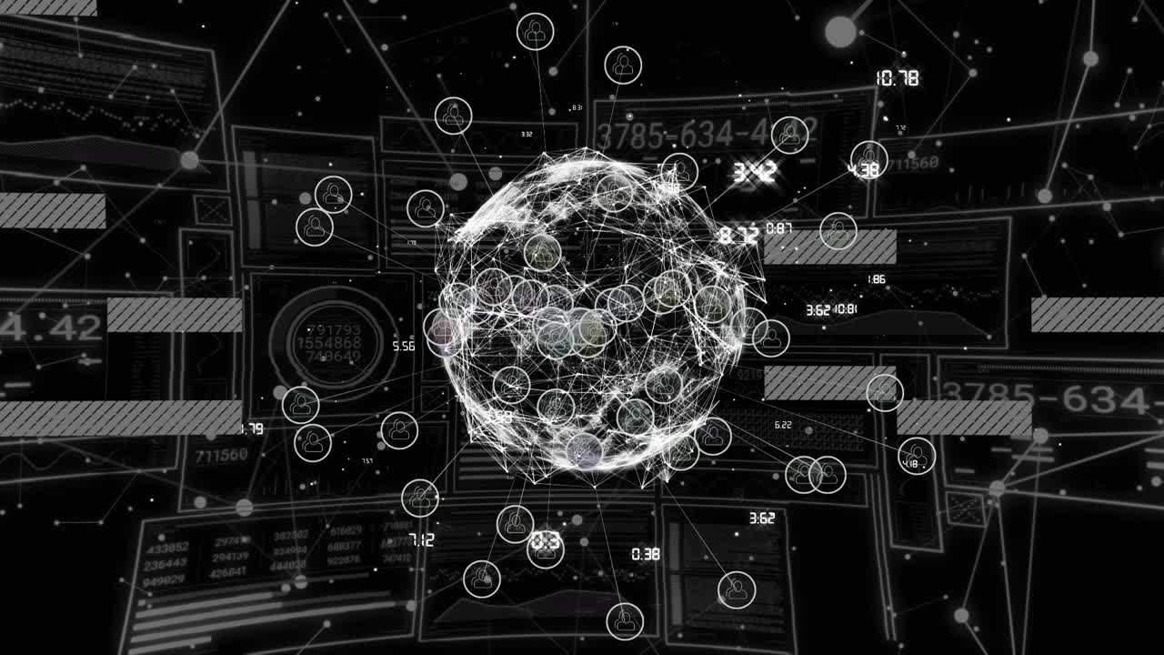 Animation of data processing and globe with network of connections on black background