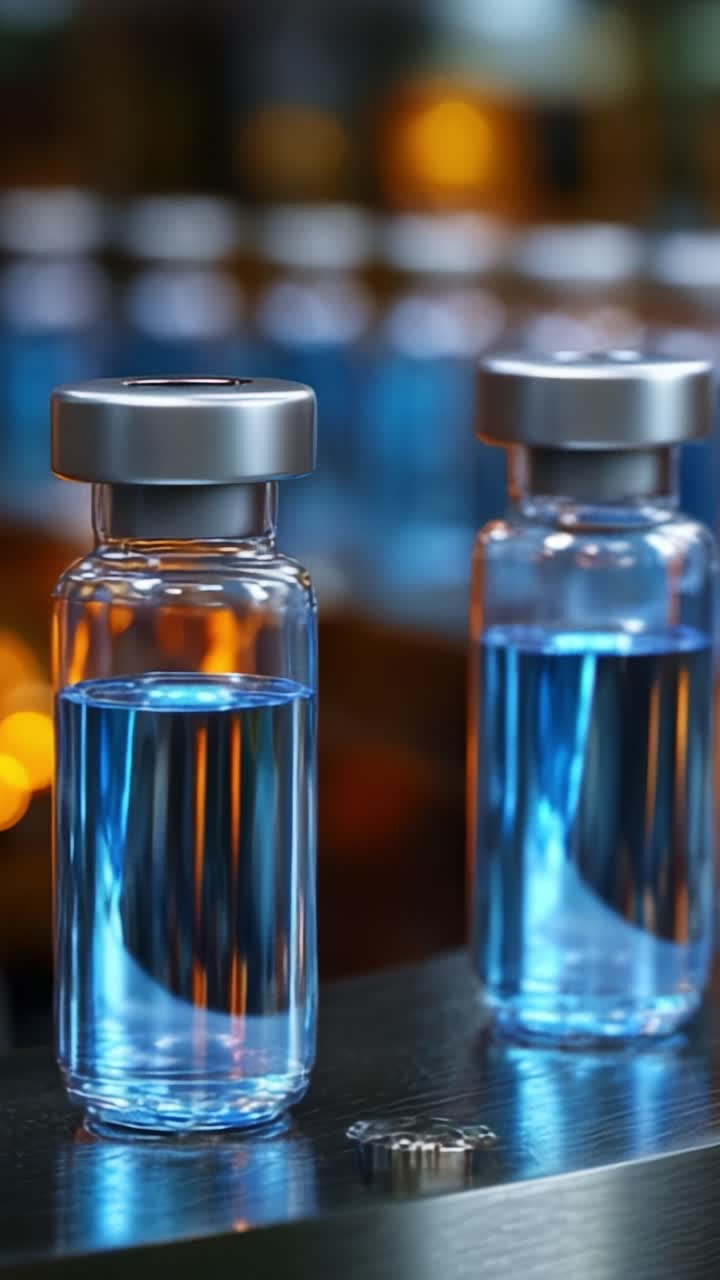 Clear glass vials filled with blue liquid in a production line, showcasing the beauty of pharmaceutical manufacturing and the precision of modern healthcare solutions