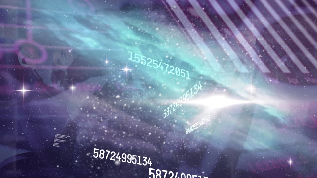 Animation of changing numbers and data processing over close up of person typing on keyboard