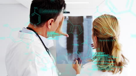 animación de fórmulas y procesamiento de datos sobre mujeres y hombres médicos caucásicos con foto de rayos x