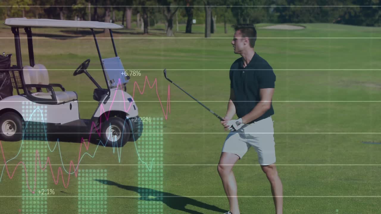 그래프의 애니메이션, 카우카시안 선수는 실종된 에 화를 내며 땅에 과 골프 스틱을 던집니다.