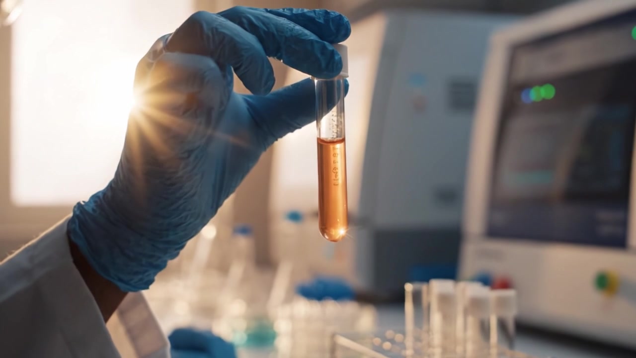 Esperimento di laboratorio: Uno scienziato conduce ricerche con provette piene di soluzioni colorate in un ambiente di laboratorio moderno per rivelare scoperte importanti