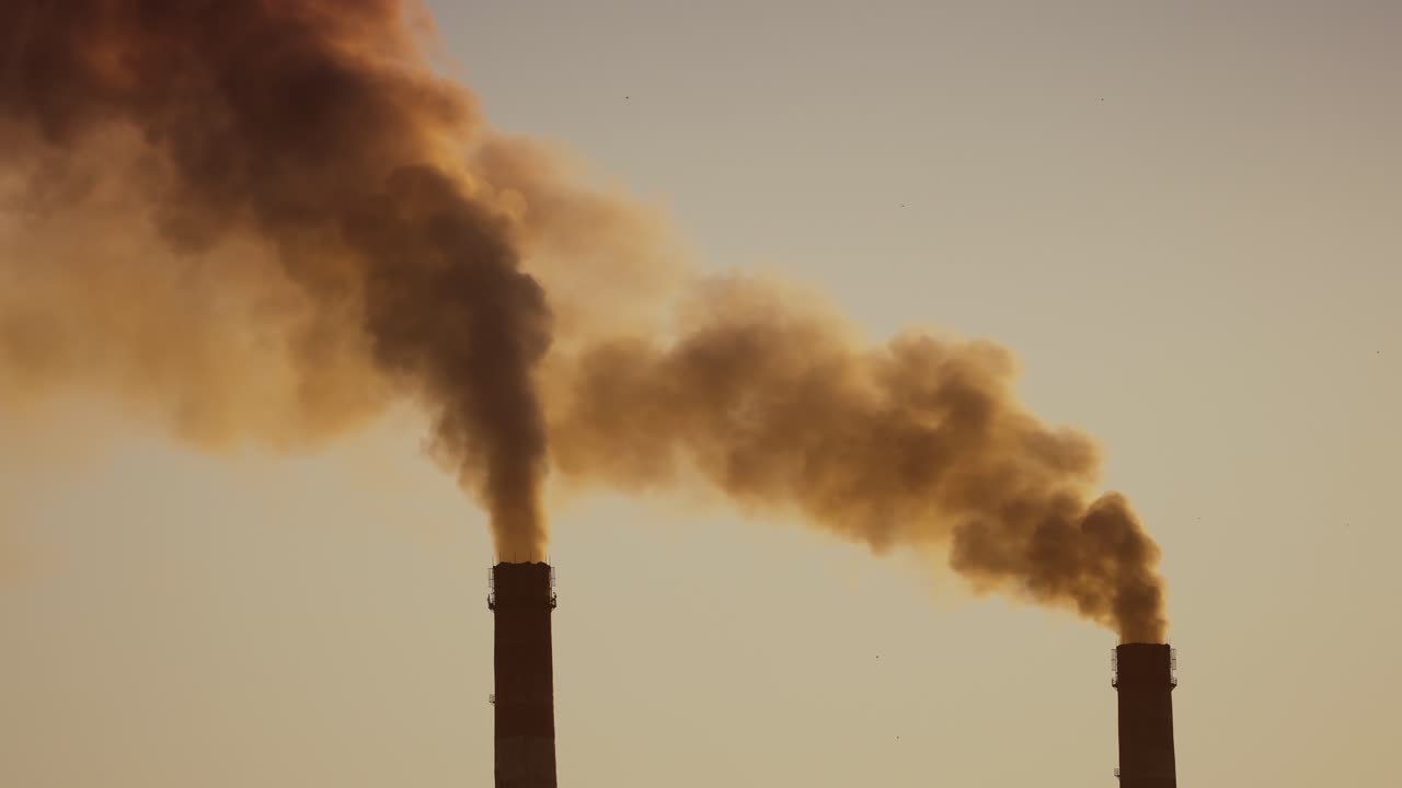 Dirty dense emissions in the air. Two big pipes with massive dark smoke at sunset. Ecological disaster. Air pollution.