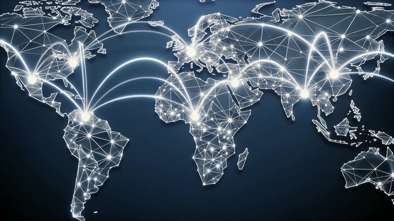 Digital World Map with Glowing Network Connections and Data Transfer