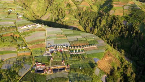 Volar-Sobre-Una-Gran-Plantación-De-Hortalizas-En-La-Ladera-De-Una-Montaña-Con-Un-Edificio-Turístico