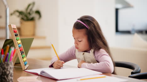 girl doing homework at home with abacus