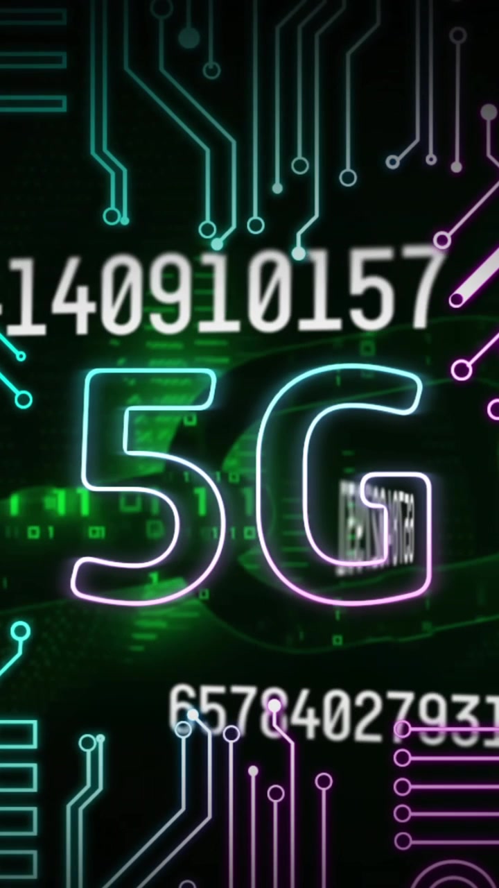 Animazione di testo 5G, elaborazione dati del computer su circuito stampato