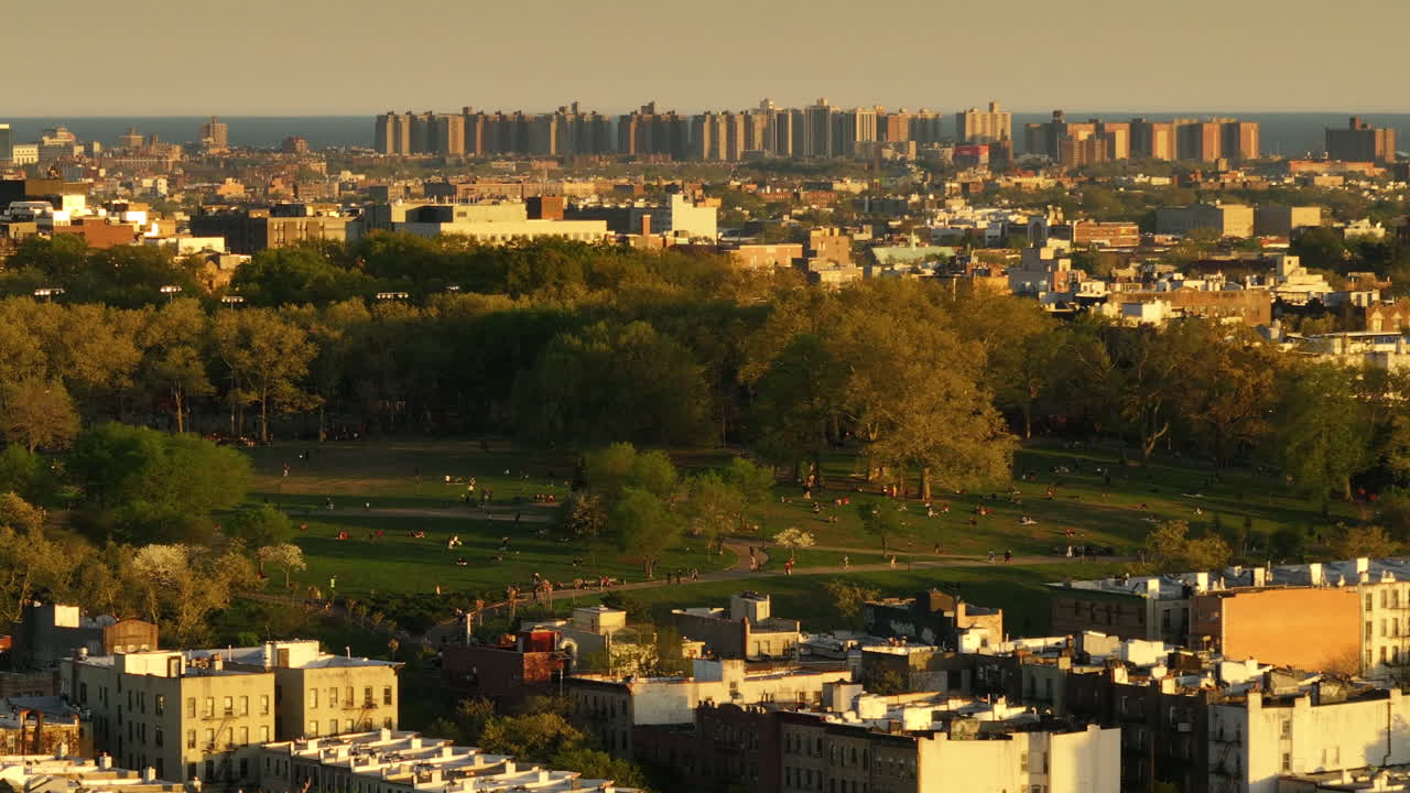 Aerial view of Sunset Park at dusk. Shot in Brooklyn, New York City.