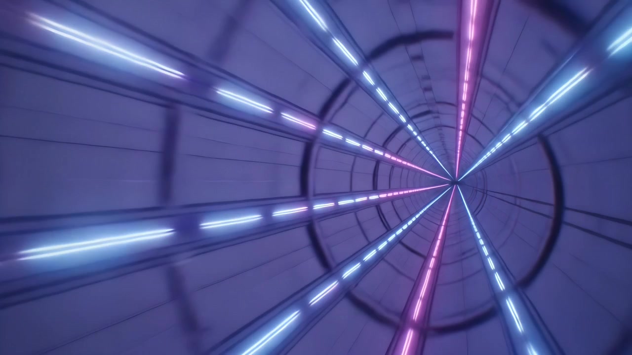 Emerging glowing ring sending electric arcs through cylindric tunnel, with pink and blue neon tubes