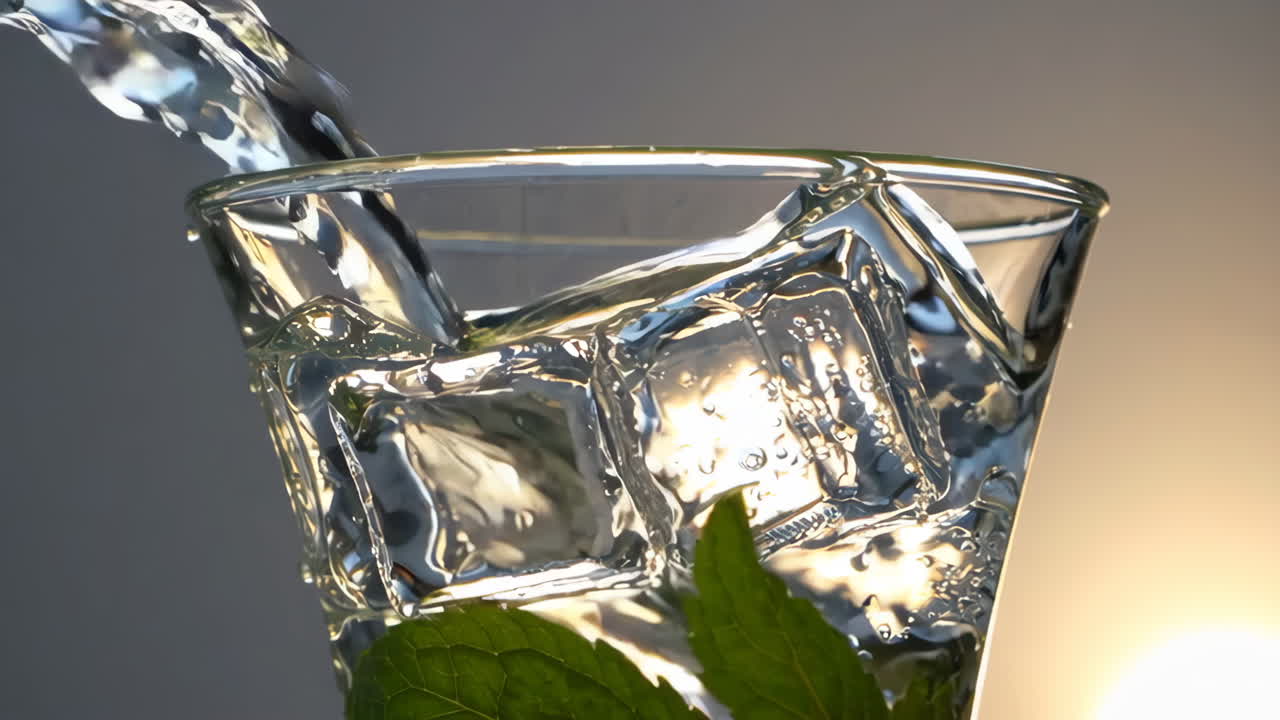 Pouring Water into a Glass with Ice and Mint