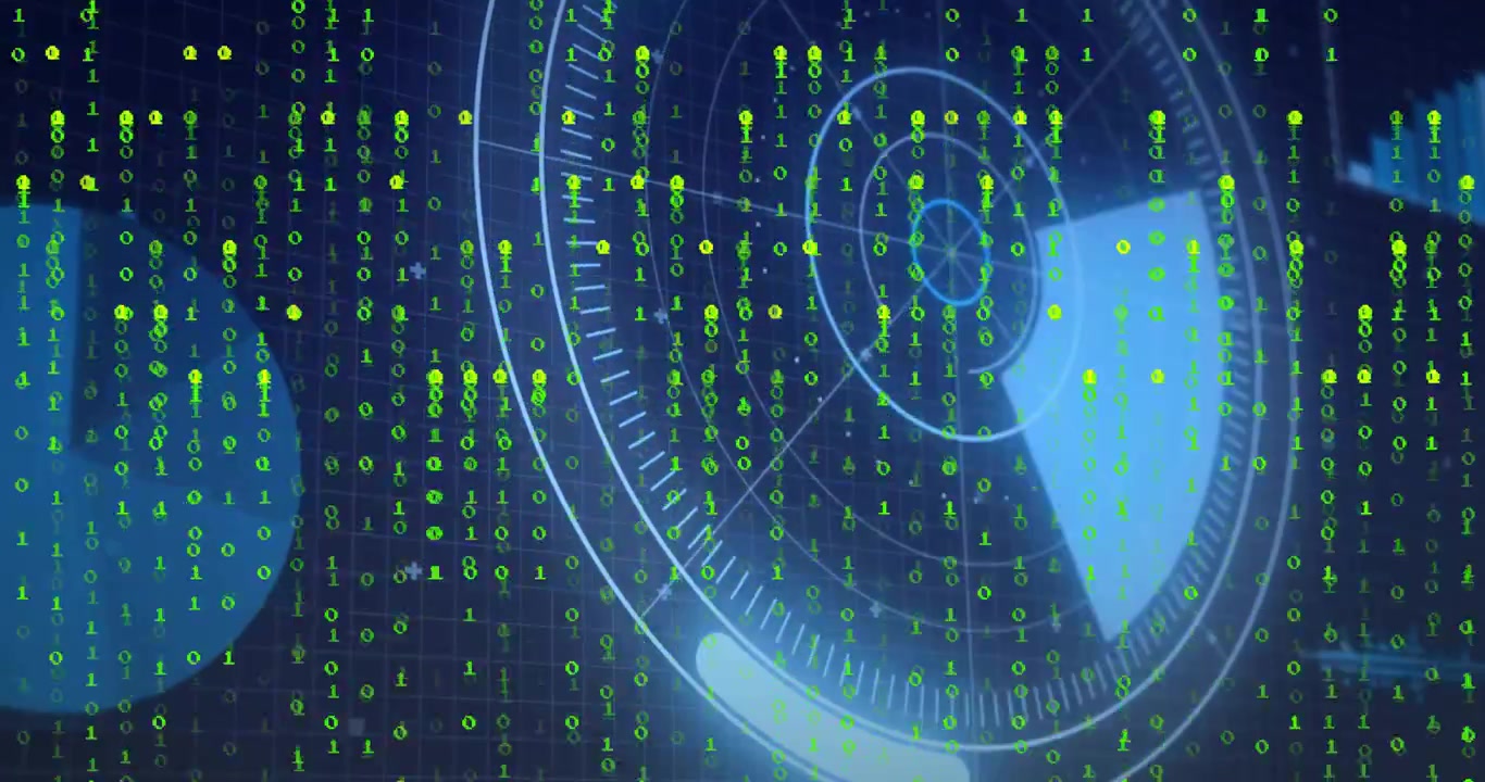 Grid opening, scrolling green binary streams circling rotating radar display illustrating interface