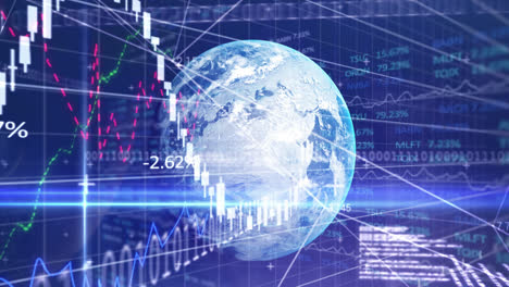 animation of financial graph and globe on navy background