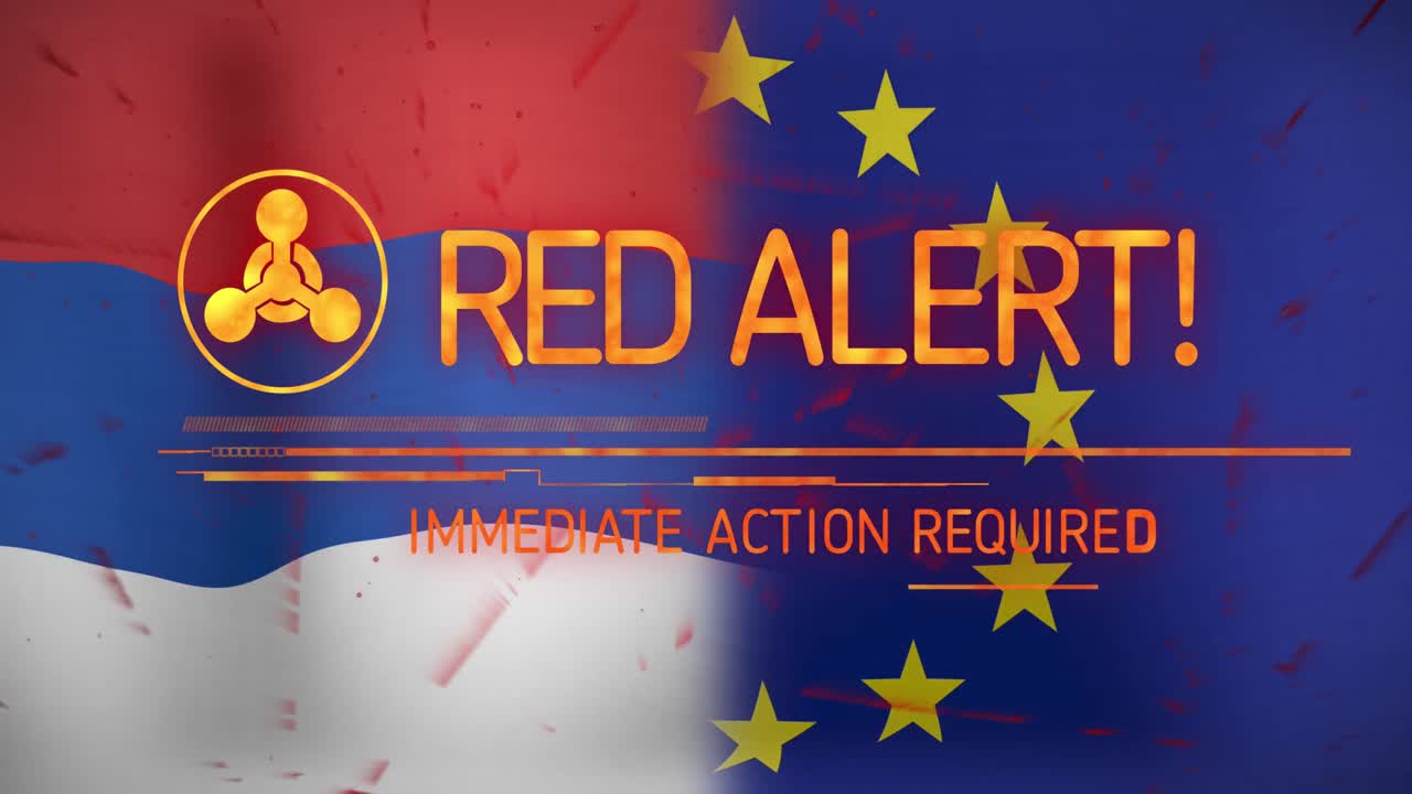 animación del texto y el símbolo de alerta roja sobre las banderas de rusia y la ue