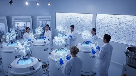 innovative laboratory team collaborating on cutting-edge genetic research using advanced technology and interactive data displays in a modern scientific environment