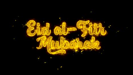 eid al-fitr mubarak wish text sparks particles on black background.