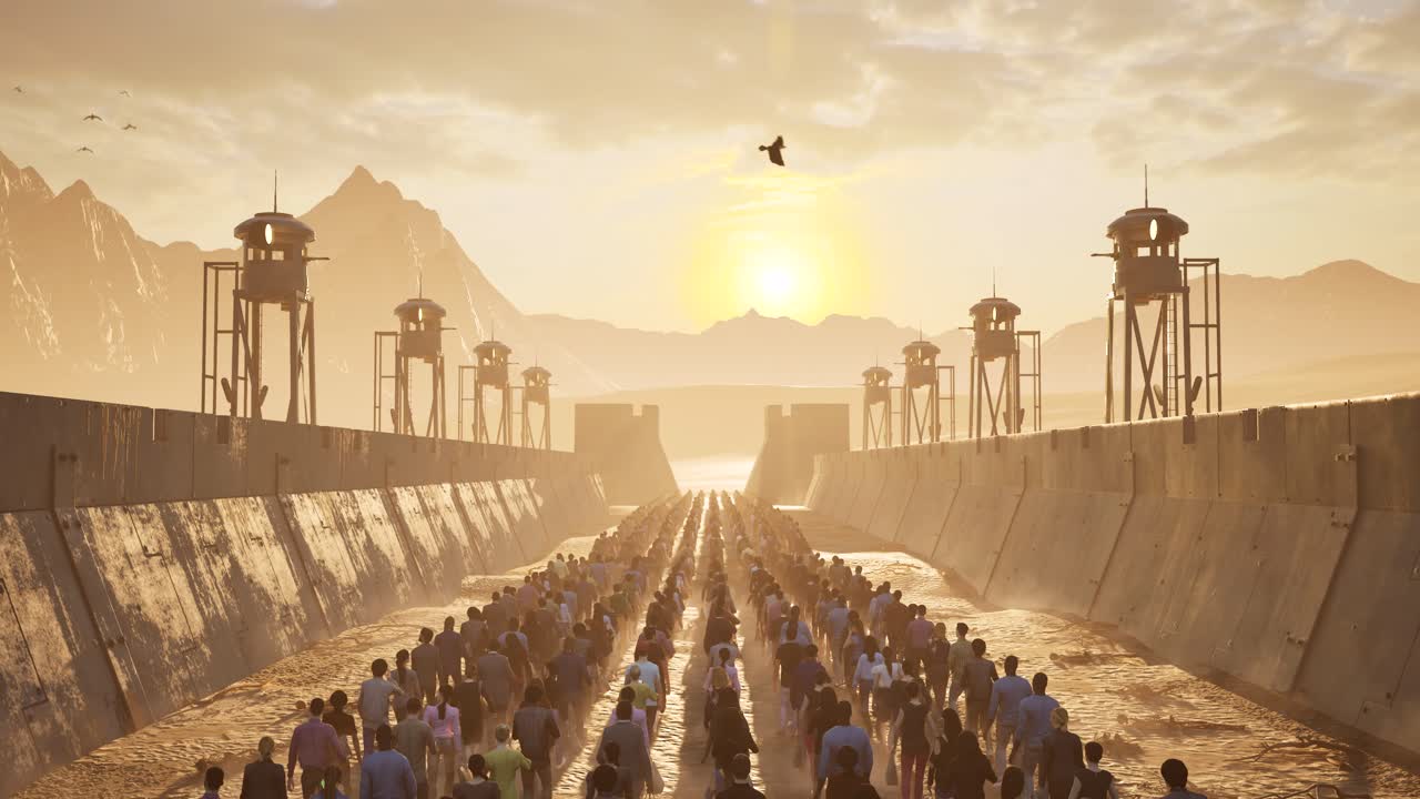 Dystopian post apocalyptic scenery in a desert arid environment with metal walls, refuges walking, bones scattered, flying birds, rocks, sand, and dust particles 3D animation, camera fly above.