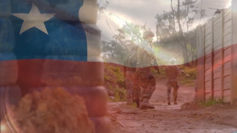 animation of flag of chile over diverse male soldiers walking with weapon